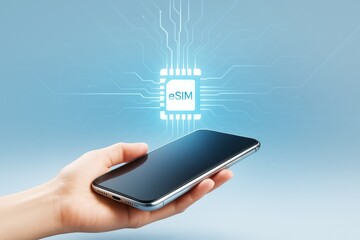Hand holding smartphone with glowing eSIM chip icon on futuristic circuit board background representing modern mobile technology concept.