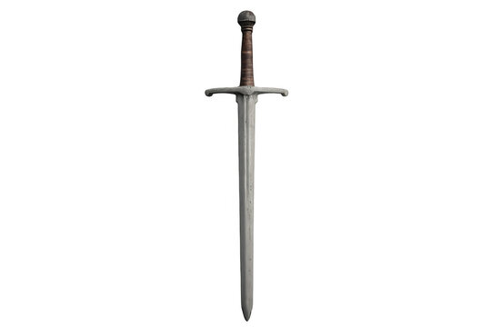 Realistic 3d rendering of a medieval sword with a brown leather hilt, isolated on a transparent background