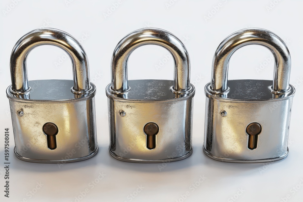 Fototapete three silver locks with a keyhole in the middle. the locks are arranged in a row. three metallic pad