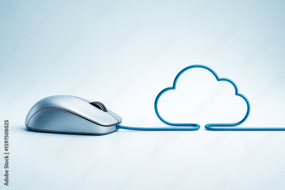 Poster computer mouse with cable forming cloud shape on light background symbolizing cloud computing and da