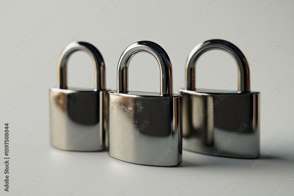 Fototapete three silver locks with a keyhole in the middle. the locks are arranged in a row. three metallic pad