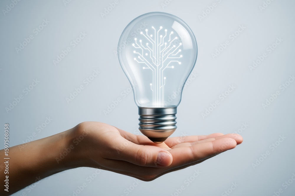 Poster hand holding glowing light bulb with digital circuit tree symbolizing innovation and technology on b
