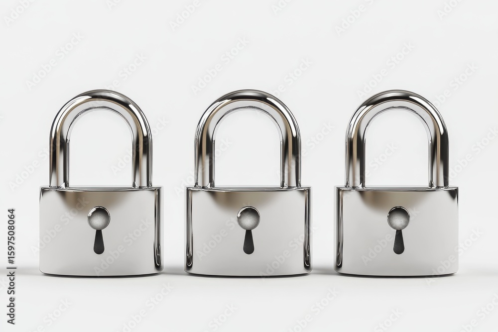 Fototapete three silver locks with a keyhole in the middle. the locks are arranged in a row. three metallic pad