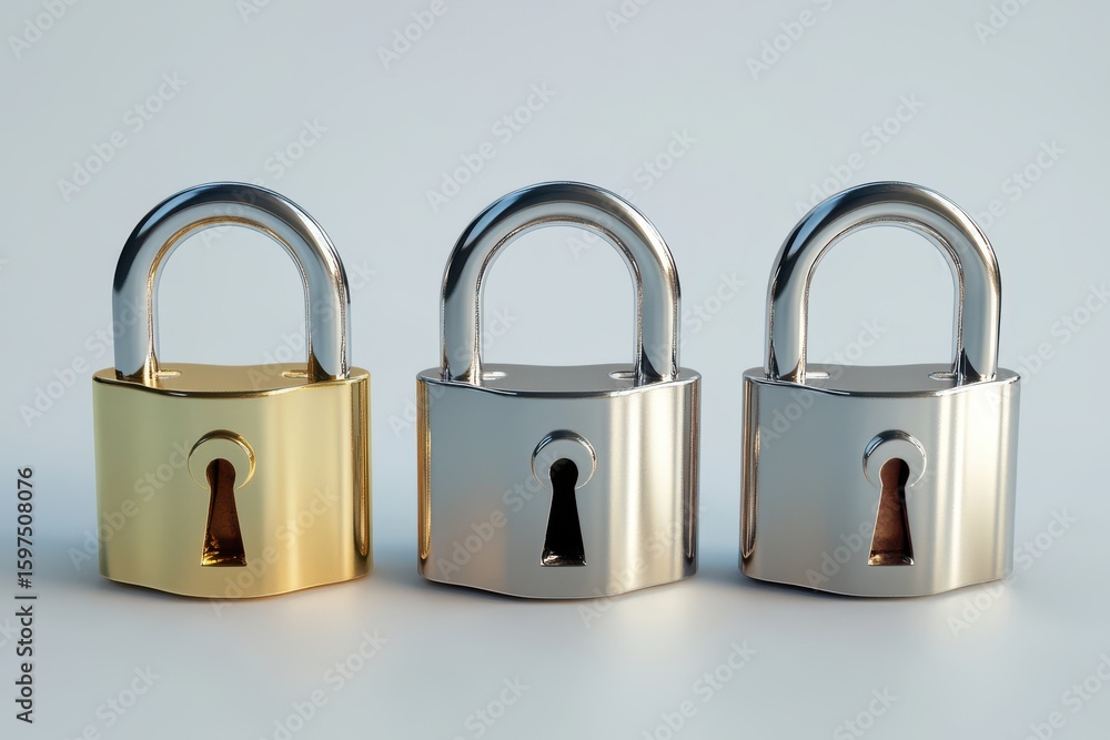 Aufkleber three silver locks with a keyhole in the middle. the locks are arranged in a row. three metallic pad
