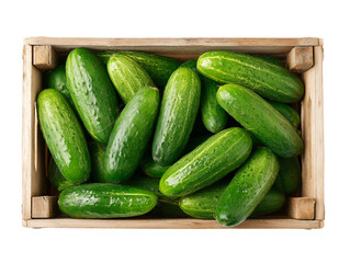 A vibrant assortment of freshly picked cucumbers is meticulously arranged within a rustic wooden crate