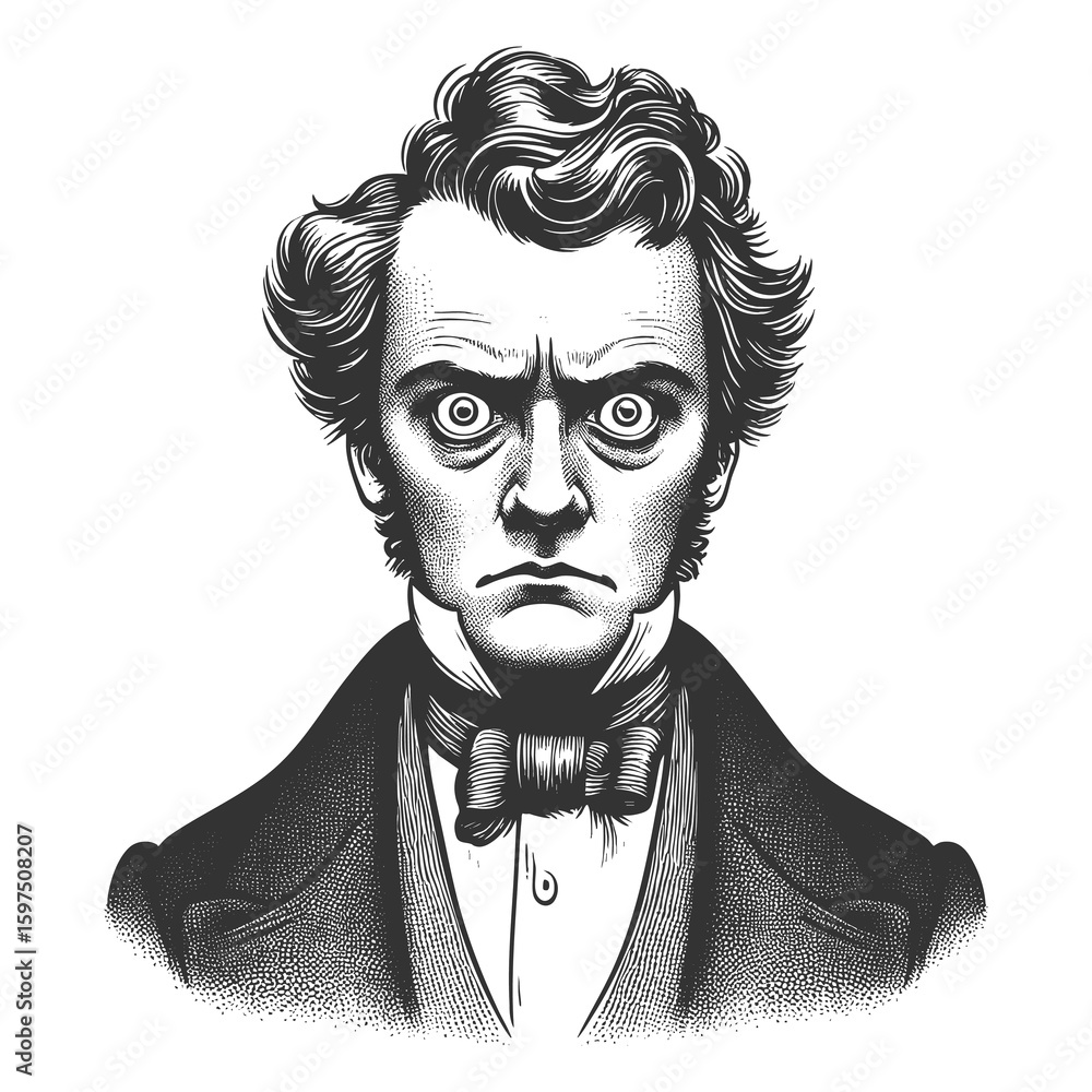 Poster surprised victorian gentleman with wide eyes and formal attire, expressing shock or disbelief sketch