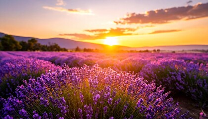 Naklejka premium Lavender Sunset: A Serene Field of Purple at Golden Hour