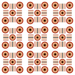 A seamless abstract geometric pattern of concentric circles and vertical and horizontal lines. The design uses an earthy color palette, including varying shades of orange, brown, cream, and black.