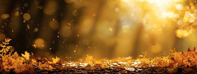 Autumnal forest scene with falling leaves