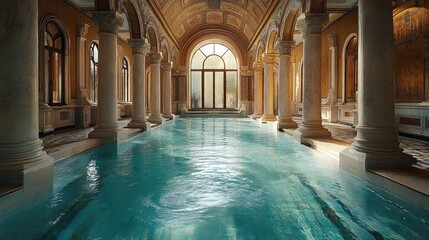 Roman-style bathhouses with classical architecture, ornate columns, stone mosaics, ancient design motifs, thermal pools, and historical cultural leisure spaces preserved in modern adaptations.