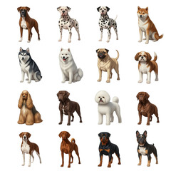 Collection of diverse dog breeds posed against a white background