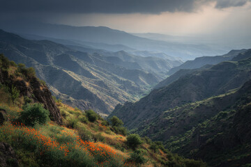 breathtaking view of ridge line in armenia unfolds under dramatic overcast sky showcasing captivating geometric