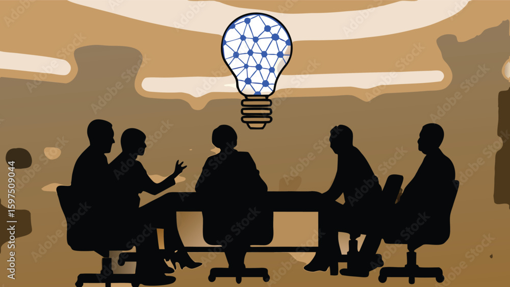 Poster silhouette of team meeting under a lightbulb with network design on a textured background shown