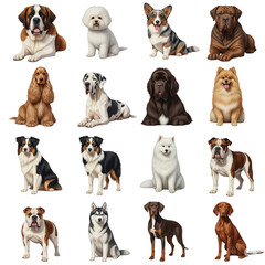 A collage of various dog breeds posed against a white background
