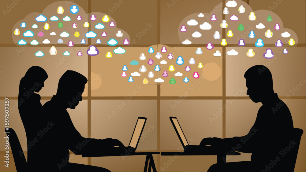 Poster silhouetted figures working at laptops under clouds of social media icons near a window setting indo