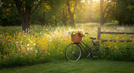 Fototapeta premium A vintage bicycle with a basket of colorful flowers rests in a sunlit meadow.