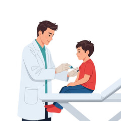 Obraz premium A doctor in a white coat prepares to give a young boy a vaccination in his arm.