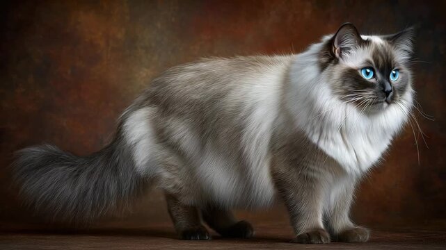 Elegant Full-Length Portrait of a Fluffy Birman Cat with Blue Eyes in Studio Setting