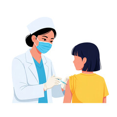 A nurse wearing a mask and gloves administers a vaccine to a young girl in a yellow shirt.