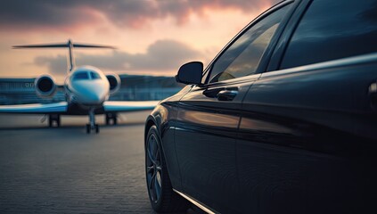 Luxury car and private jet at airport at sunset