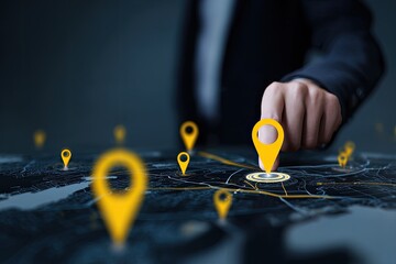 Businessperson selecting a location on a digital map