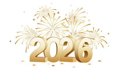 2026 gold 3D logo, New Year number isolated with fireworks