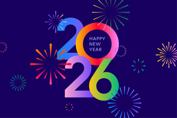 2026 New Year card, colorful fireworks poster background