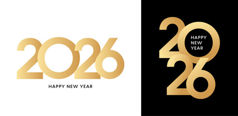 Gold 2026 number, New Year logo, greeting card design set