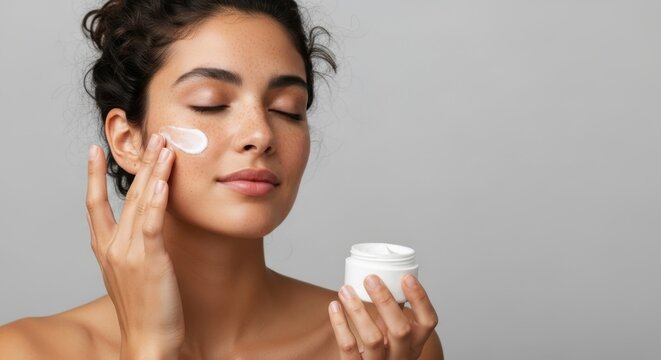 A young woman applies moisturizer to her face with her fingers, holding a cream jar
