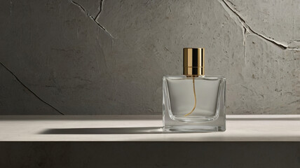 Empty glass perfume bottle on white surface
