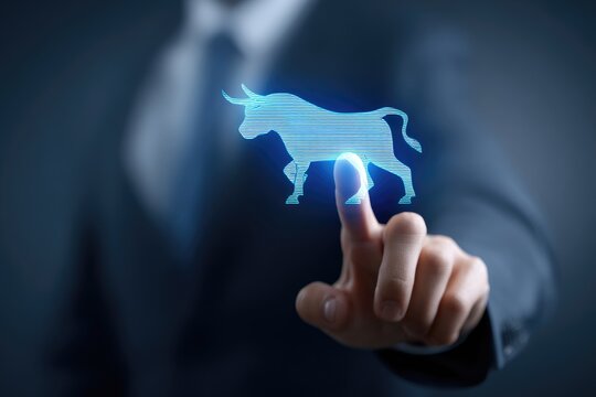 Businessman interacts with a digital bull graphic