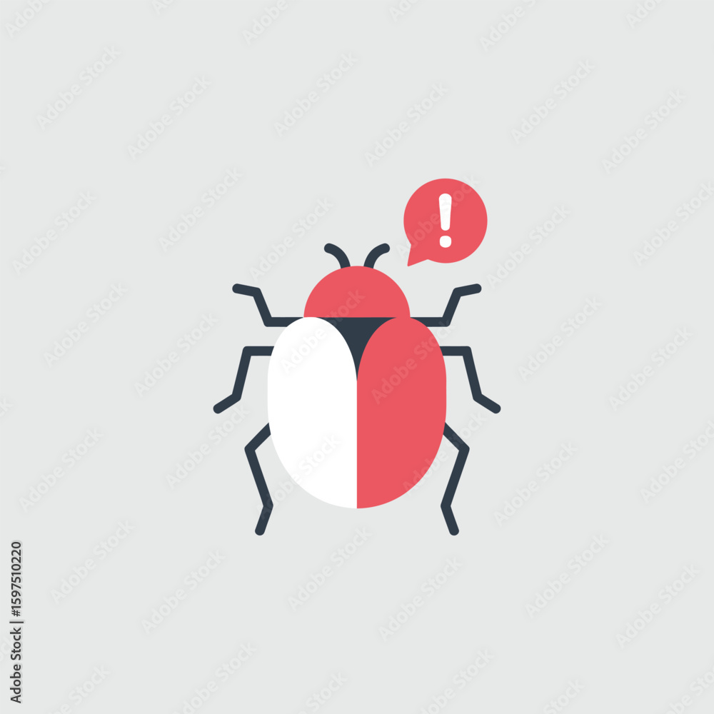 Poster bug with exclamation point icon illustrating a software problem or system error concept