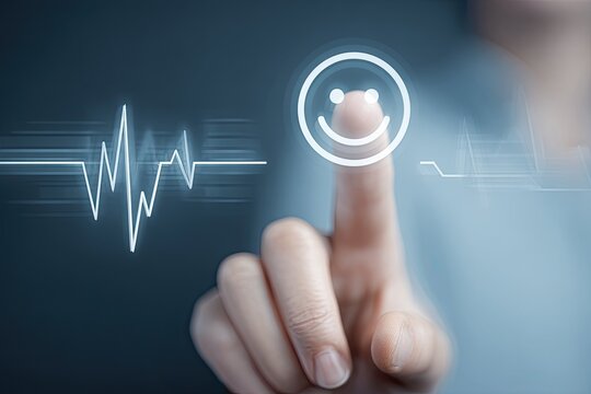 Hand touching a digital interface displaying a happy face and heart rate monitor