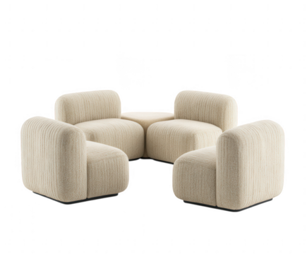 Modern beige upholstered modular seating arrangement with central ottoman isolated on transparent background