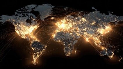Global map, illuminated city lights, connected by lines