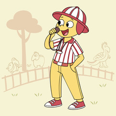 Cheerful Cartoon Kid Blowing a Whistle in the Park