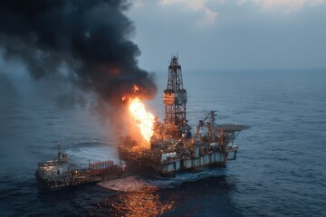 Oil Rig On Fire. Worst Case Scenario: Business Boom Burnout in Offshore Operation