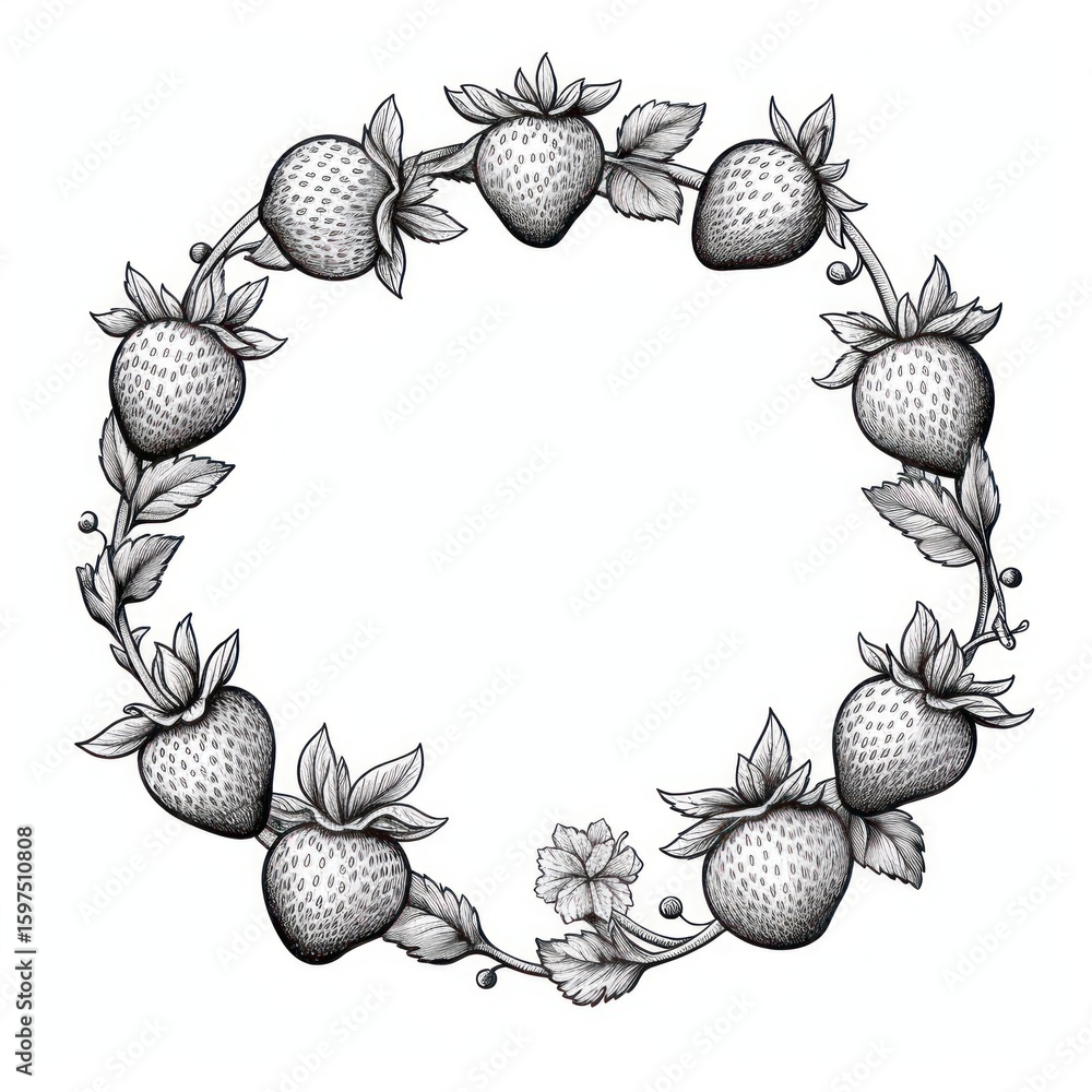 Poster circle frame with strawberry drawing sketch pattern.