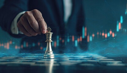 Businessman's hand moves a golden chess king over a chessboard overlayed with financial graphs