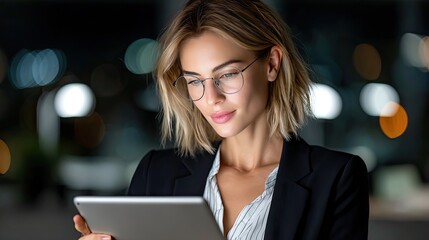 Smart Professional: A focused businesswoman in glasses diligently works on her tablet, exuding an air of intelligence and competence under low-light conditions. 