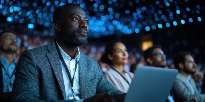 Online Convention. Business Conference Keynote Presentation in a Dark Crowded Auditorium. African Male Professional Using Laptop Computer for New Software Solutions - Powered by Adobe