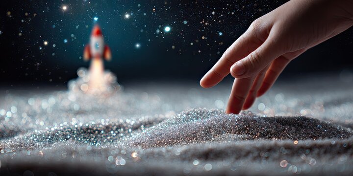 Child's hand reaching for a rocket launch in glittering space dust