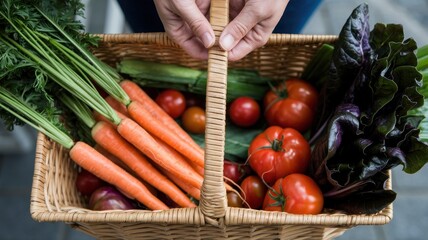 Freshly harvested vegetables held in a woven basket.