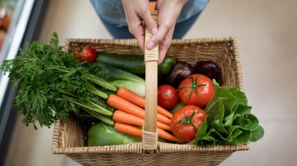 Woman holds a wicker basket overflowing with fresh produce.