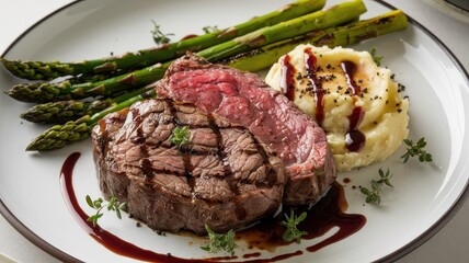 Grilled steak, asparagus, and mashed potatoes with a rich red wine reduction.