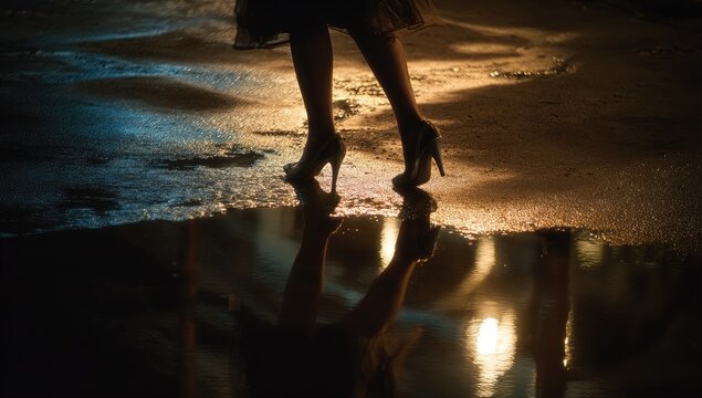 Silhouetted woman walking in puddles at night