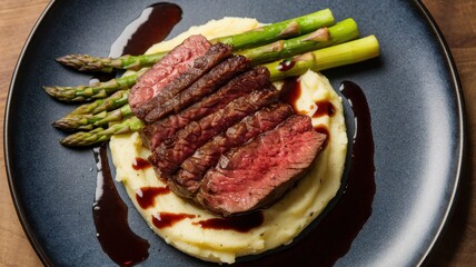 Seared steak with asparagus and mashed potatoes.