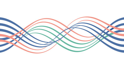 Abstract curved lines in blue green and pink creating a wave pattern on white background