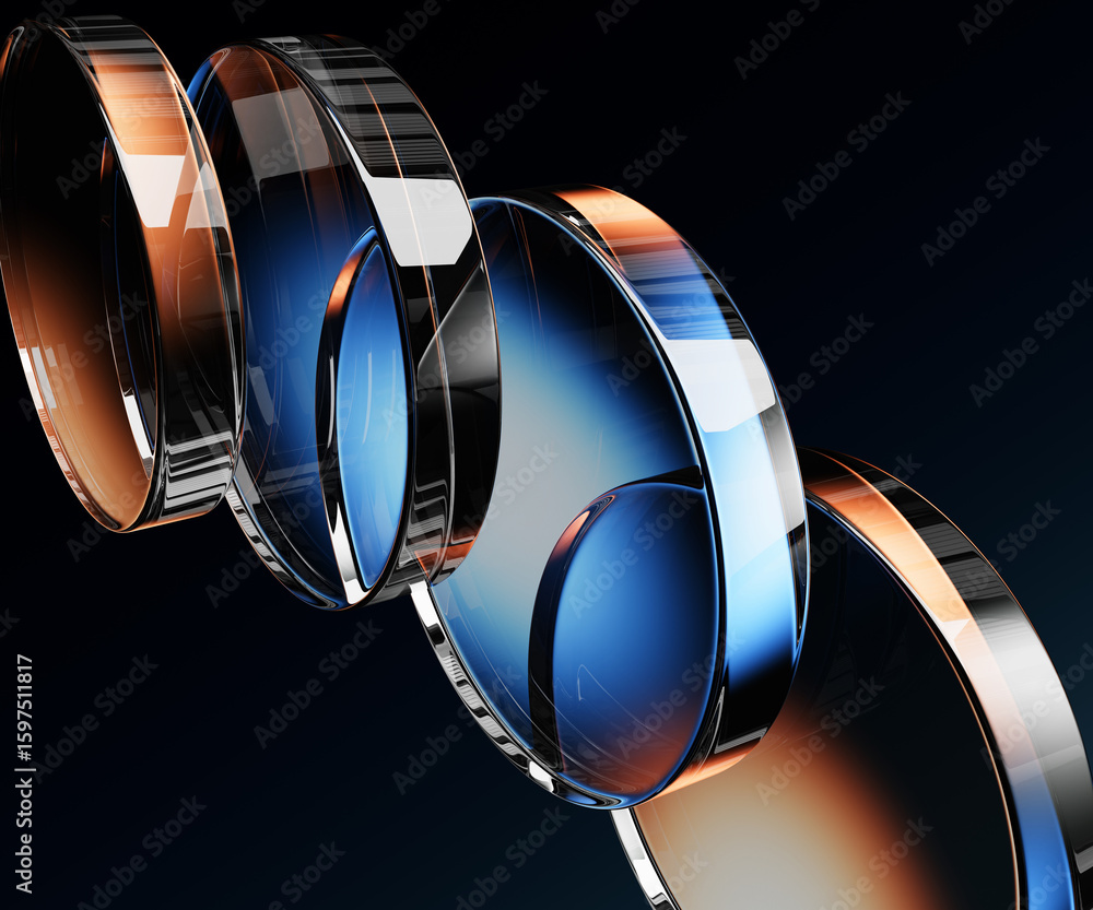 Poster abstract black 3d background with glass circle discs. render geometric diagonal pattern. blue brown 