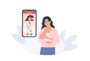 Happy mother using mobile app to consult with lactation consultant for breastfeeding guidance. Digital health support for new moms. Flat Style Vector Illustration.